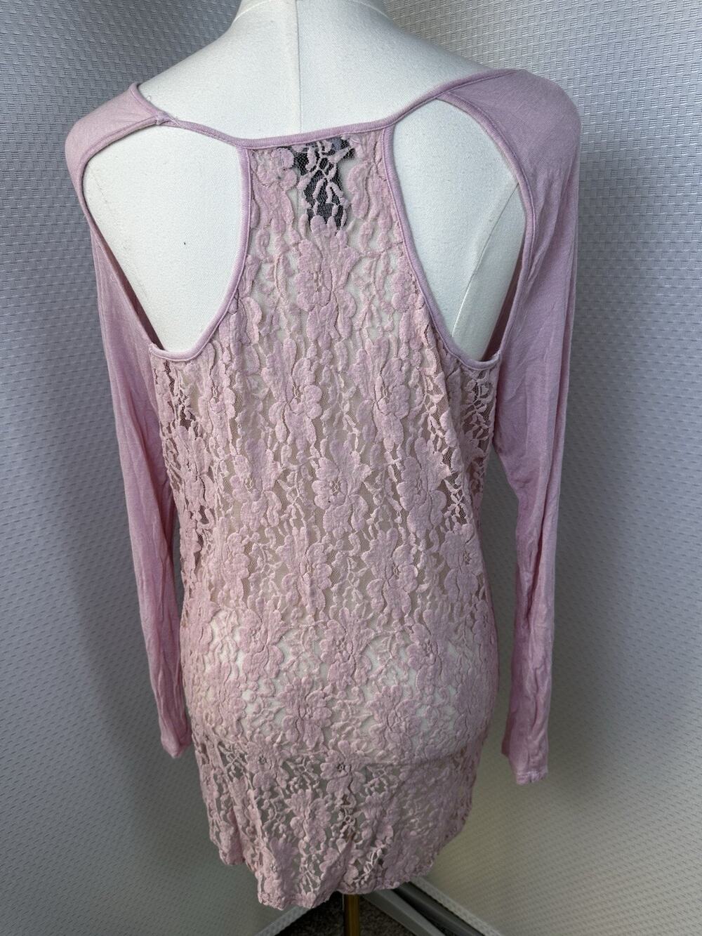 Y2K Deb Blouse Large Coquette Floral Lace Drape Pink Sheer Romantic Top